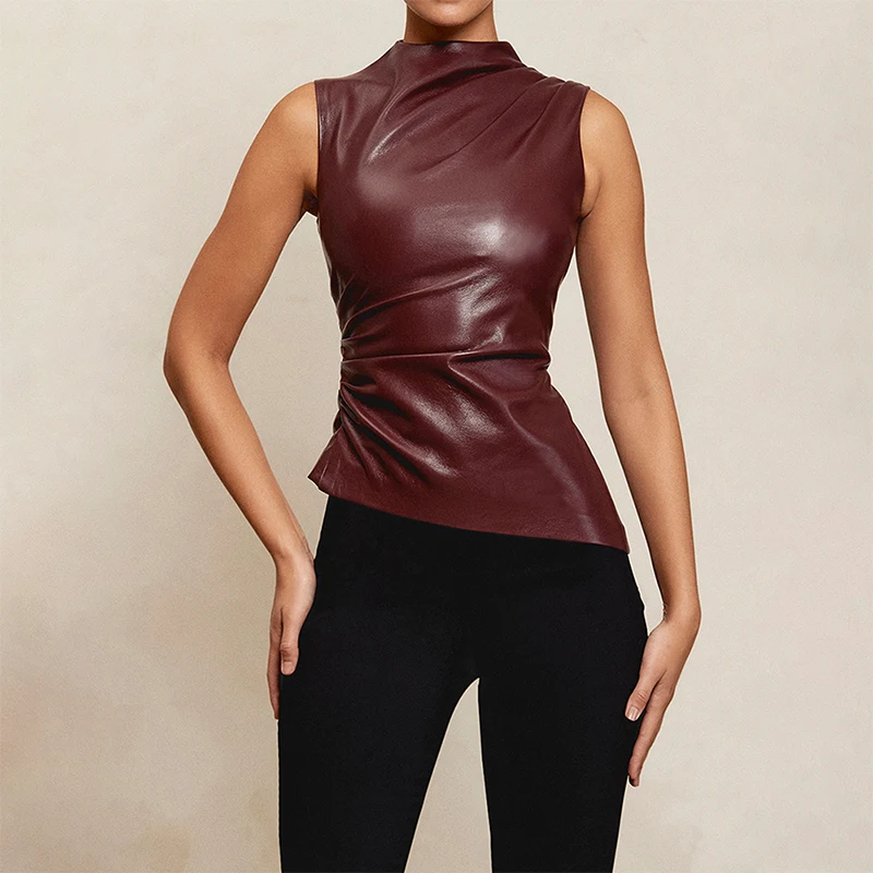 Women Y2K Vintage Pu Simple Basic Tank Top High Waist Skinny Shrunk Slash Cut Sleeveless Tops Versatile Noble Shirts