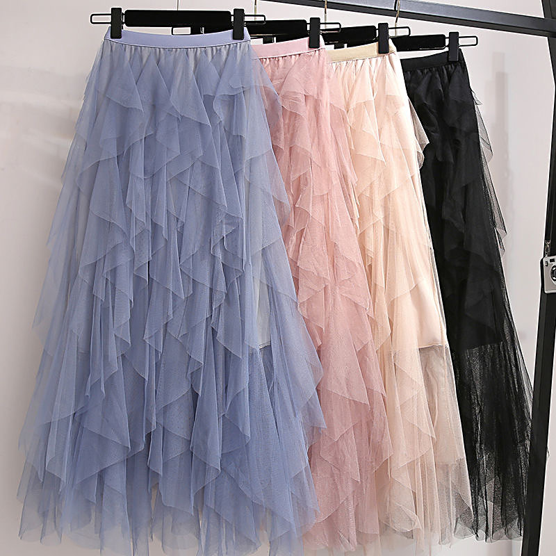 Autumn Winter Vintage Layered Tulle Skirt Women Elastic High Waist Mesh Skirts Long Pleated Tutu Skirt Jupe Longue