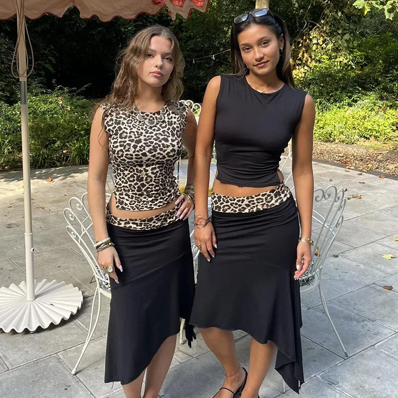 Fashion Double Wear Skirt Suit Female Leopard Print Lace Up Sleeveless Vest Irregular Splice Skirt Two Pieces Set Women's