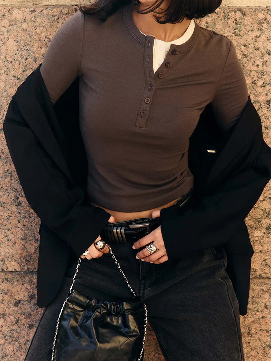 Spring Casual Patchwork T-shirt Pullover For Women Long Sleeve High Waist Inner Slim Y2k Top Clothes Female Solid Tee Top