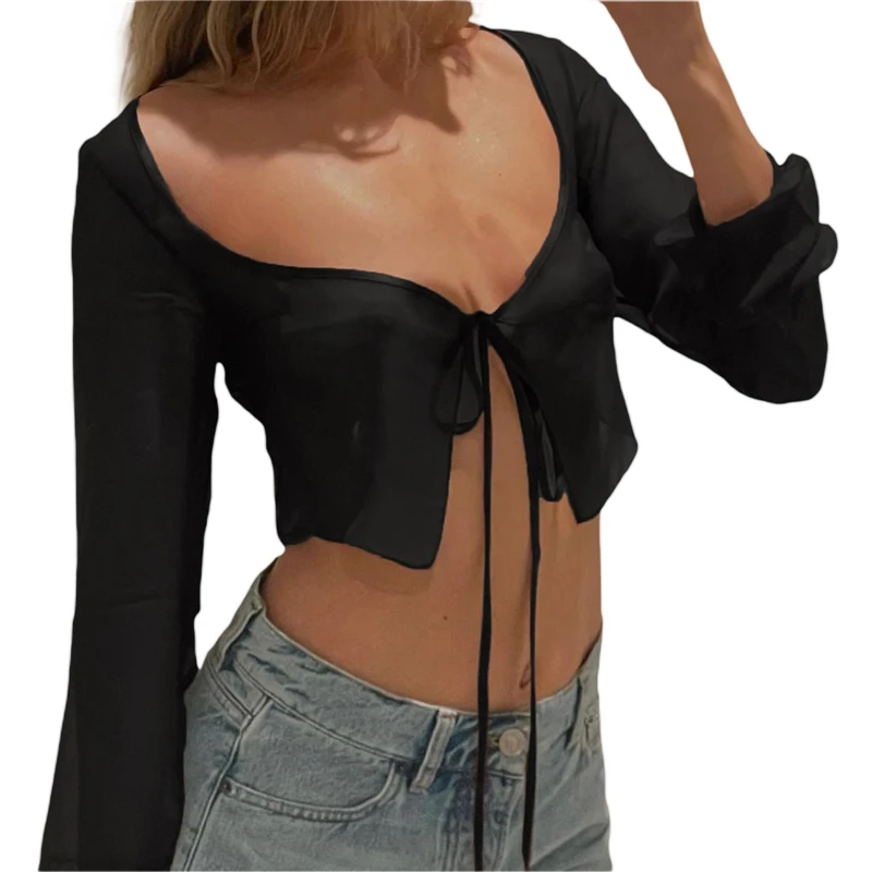 Vintage Aesthetic Crop Top Summer Women Mesh Long Sleeve T Shirt Lace Up Bandage Clothes y2k Clothes Casual Grunge Tees