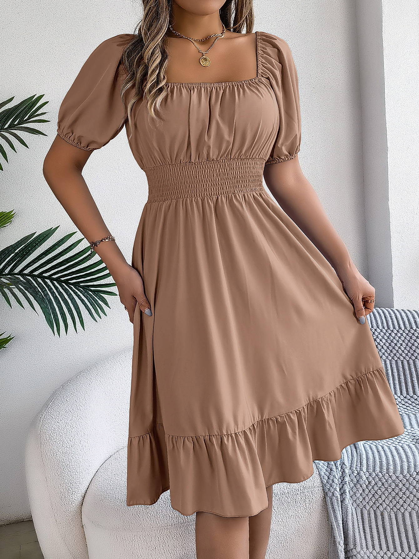 Spring Summer Casual Square Collar Short Sleeve Waist Trimming Ruffles A line Dress Women Clothing