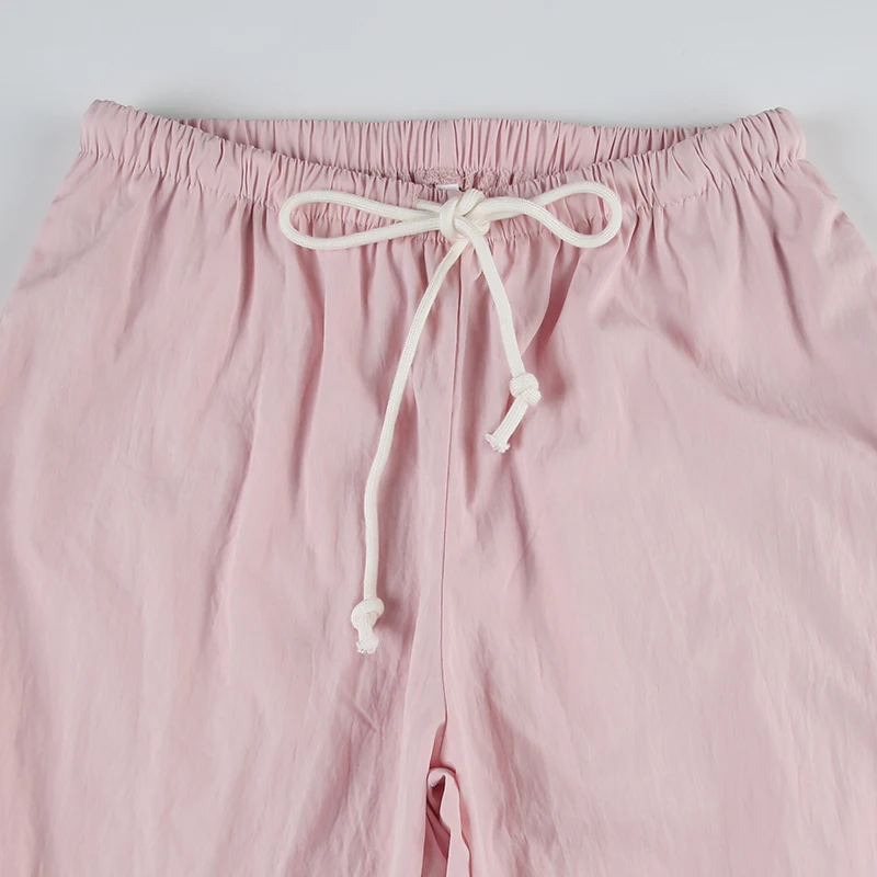 Pink Solid Loose Casual Woven Straight Leg Pants Women Drawstring Low Waist Y2K Baggy Jogging Trousers