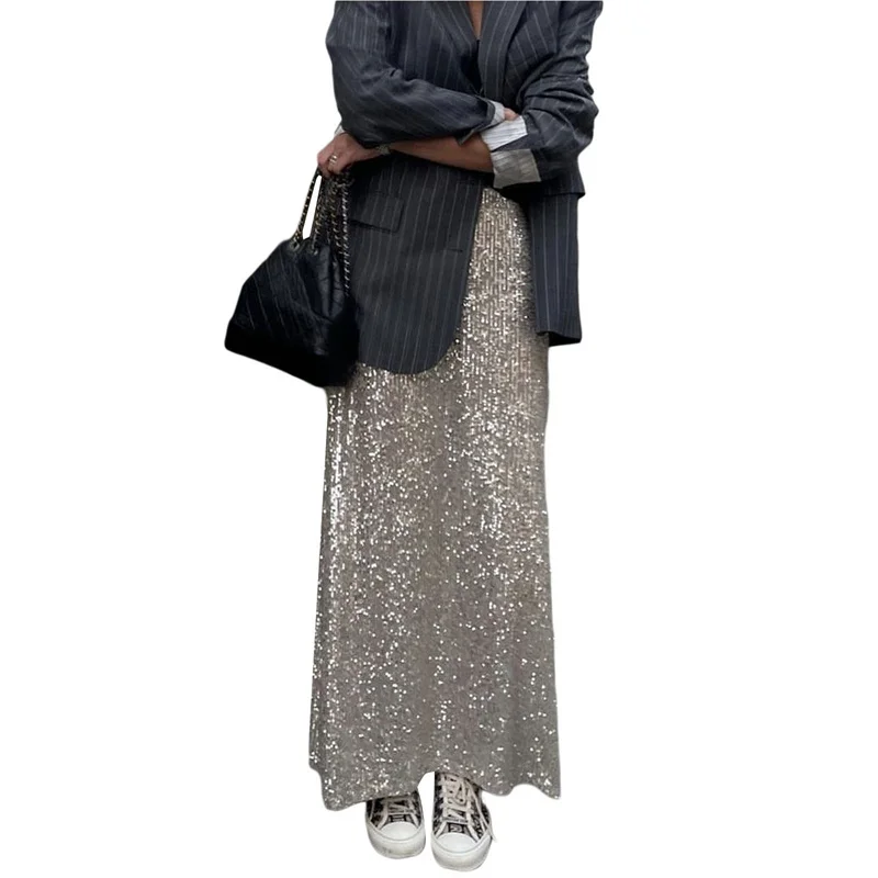 Sequin Long Skirts for Women Solid Color Elastic High Waist Skirt Fashion Elegant Ladies Evening Party Skirt Clubwear