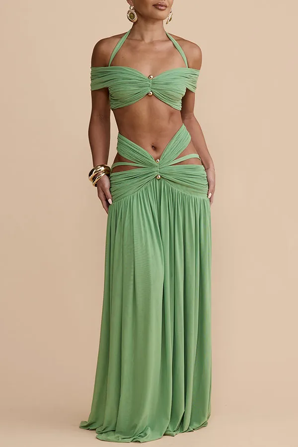 Green Off Shoulder Halter Ruched Two Piece Maxi Skirt Set Sexy Cut Out Resort Dress