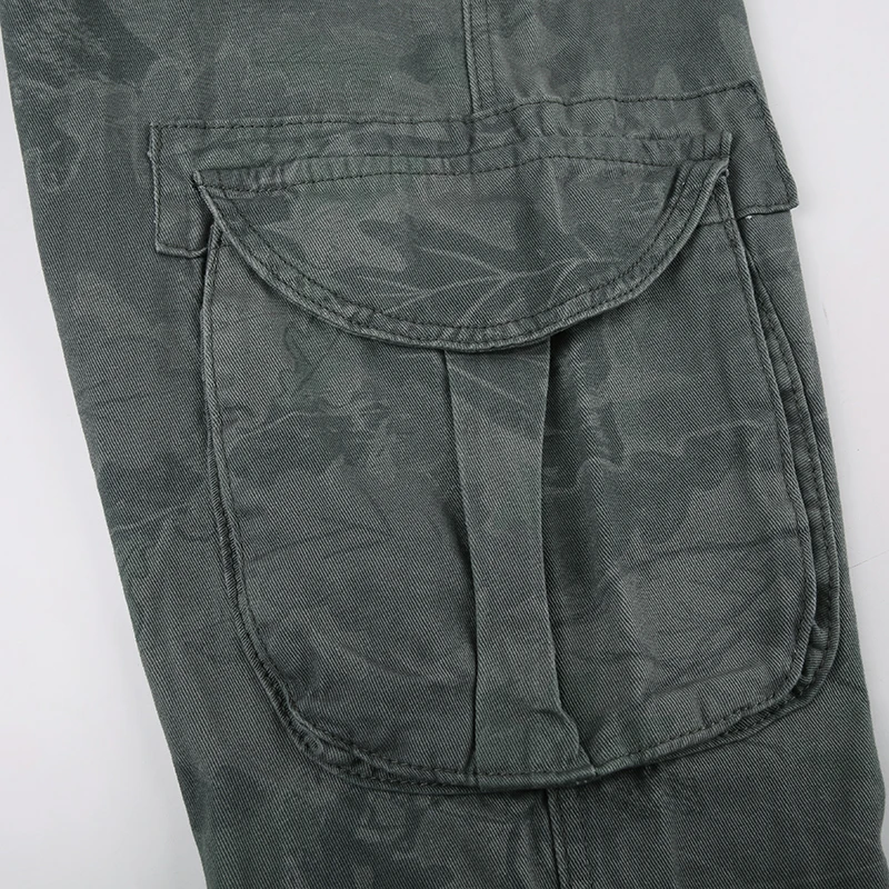 Print Camouflage Cargo Jeans Women Pockets Mid Waist Vintage Preppy Hippie Straight Denim Pants