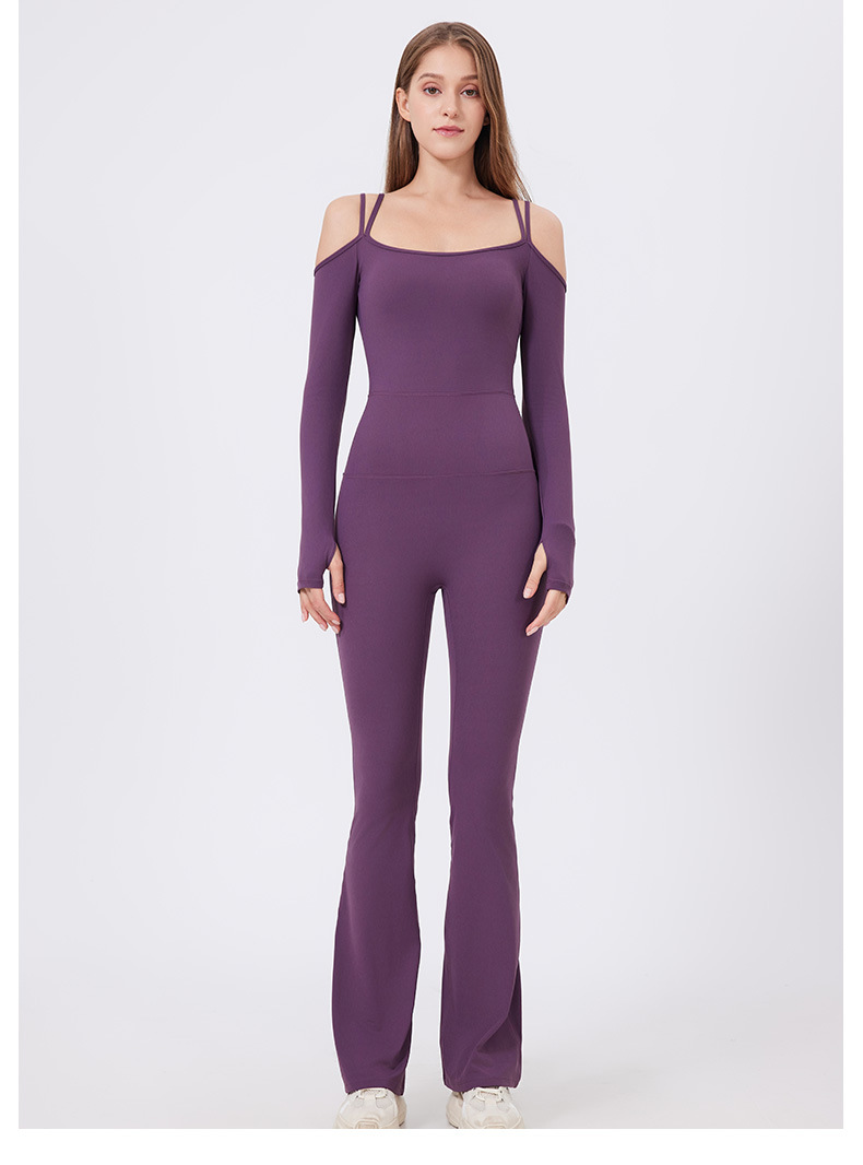 Autumn Winter Tight Nude Feel Yoga Clothes With Chest Pad Long Sleeve Off The Shoulder Sports Fitness Running One Piece Bell Bottom Pants