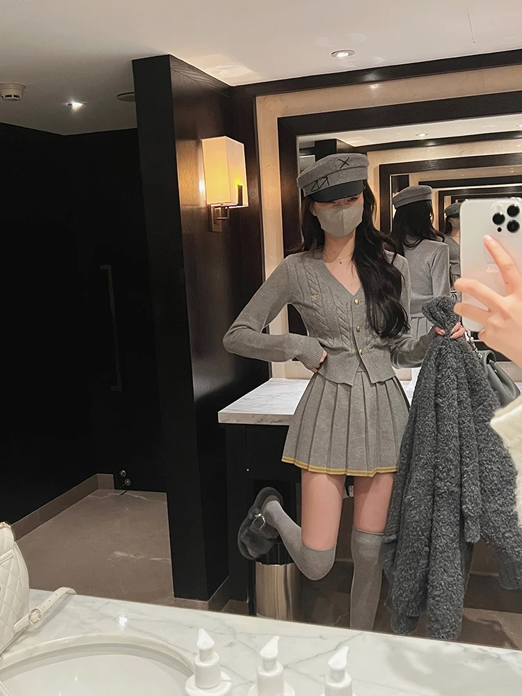 Autumn Knitted Two Piece Skirt Set Women Long Sleeve Single Breasted V-neck Top Mini Pleated Skirt Korean Chic Female Outfit New