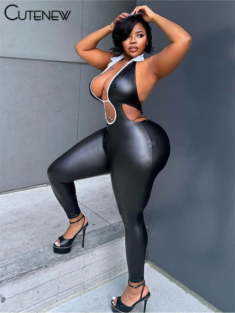 Silky Backless Jumpsuits Women Sexy Lace Up Contrast Color Lapel Low Neck Skinny Overalls Female Trend Street Party Wear