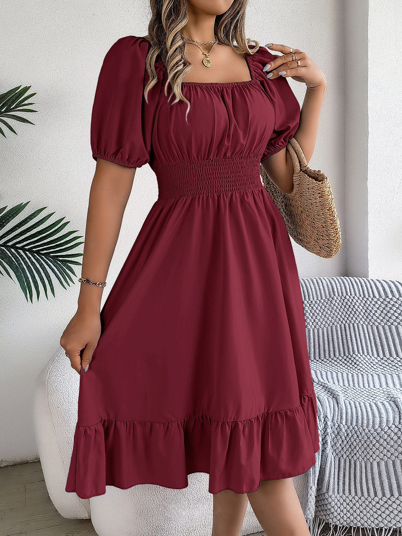 Spring Summer Casual Square Collar Short Sleeve Waist Trimming Ruffles A line Dress Women Clothing