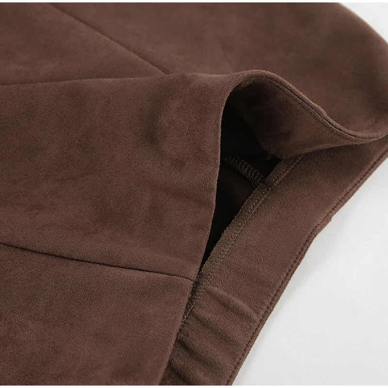 Vintage Suede Brown Skirts Women Fashion Pleated Slim Zipper Office Lady Skirts Elegant Female High Waist Party Wear New