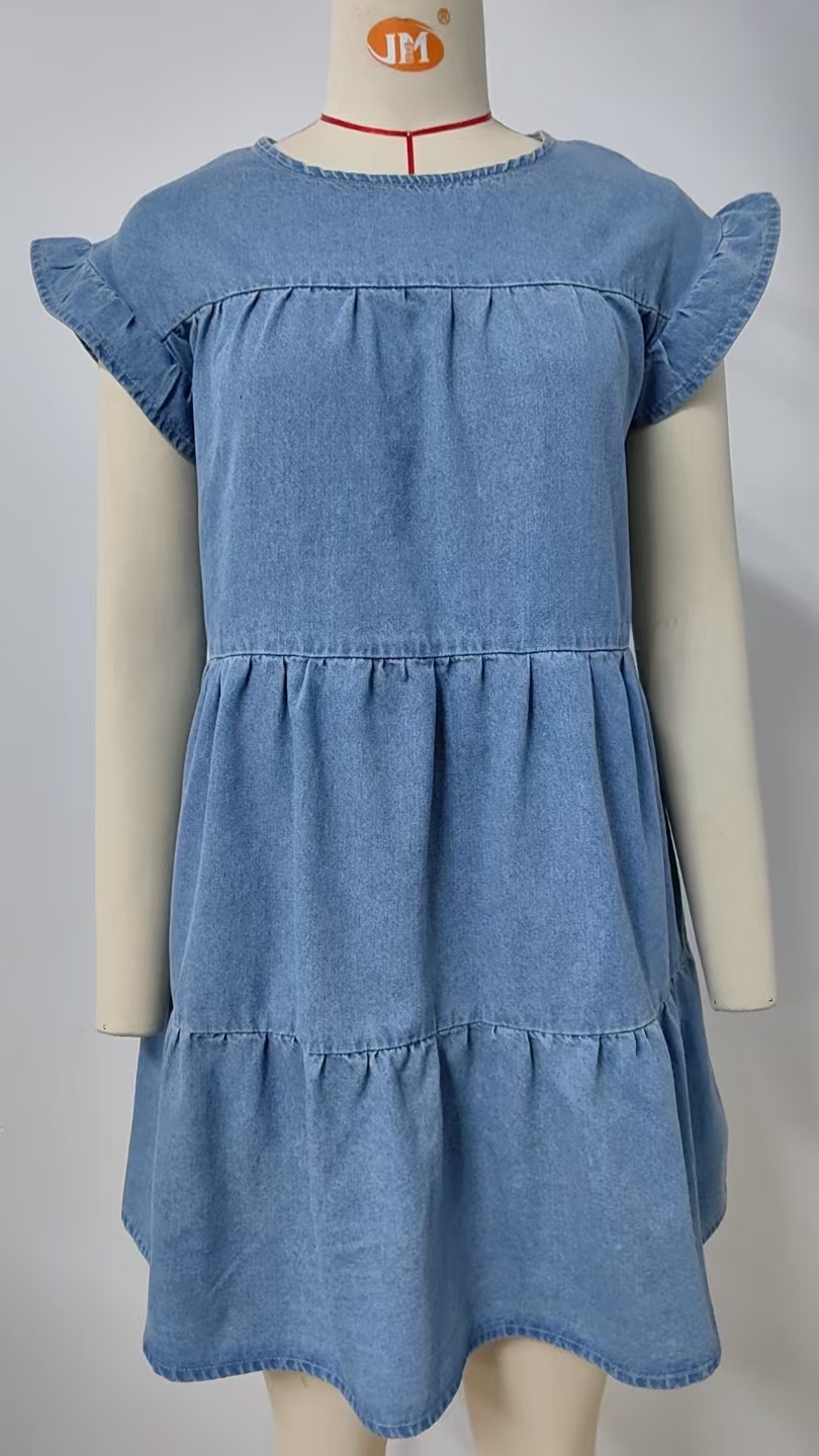Women Clothing Summer Solid Color Pullover round Neck Denim Dress Loose Casual Dress