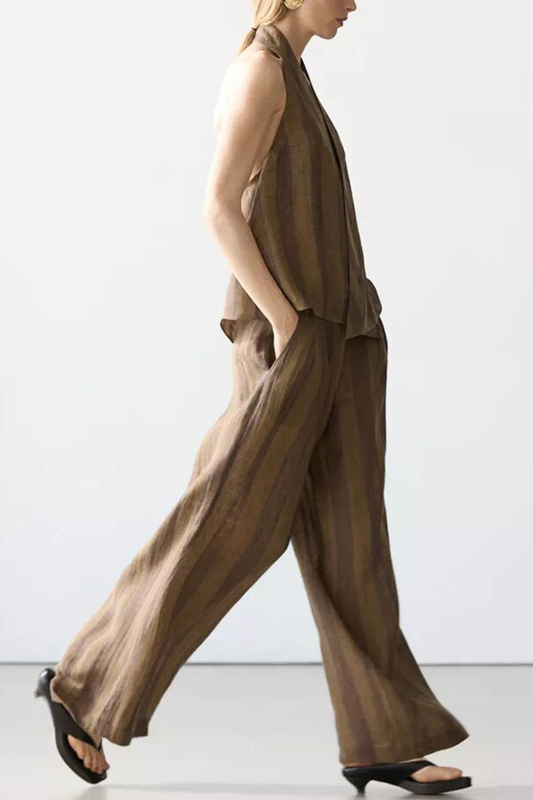 Aloof Style Striped Linen Blend Halter Vest and High Rise Button Pocket Wide Leg Pants Set