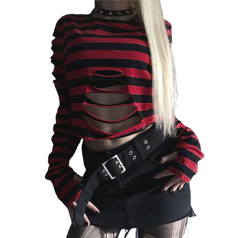 Cyber Punk y2k Top 2000s Women Striped Round Neck Long Sleeve T Shirt with Hole Gothic Clothes E Girl Tees Streetwear