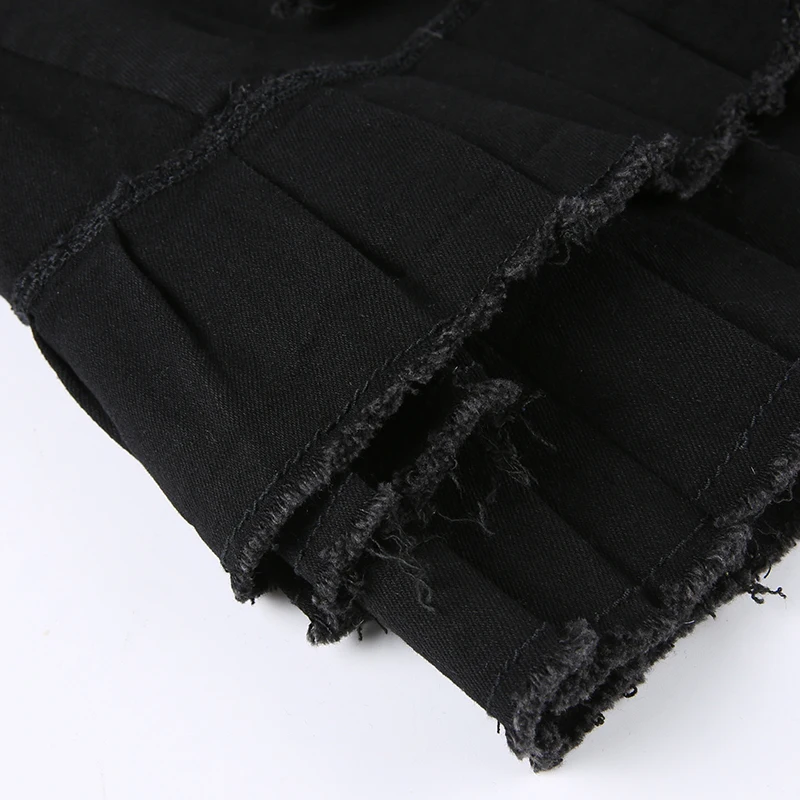 Punk Gothic Black Eyelet Ribbon Denim Skirt Women Low Waist Asymmetrical Tiered Pleated Short Jean Skirts Y2K