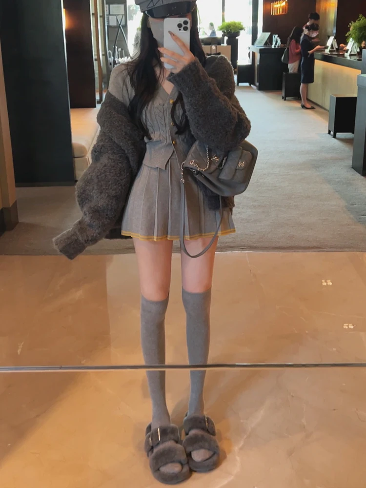 Autumn Knitted Two Piece Skirt Set Women Long Sleeve Single Breasted V-neck Top Mini Pleated Skirt Korean Chic Female Outfit New