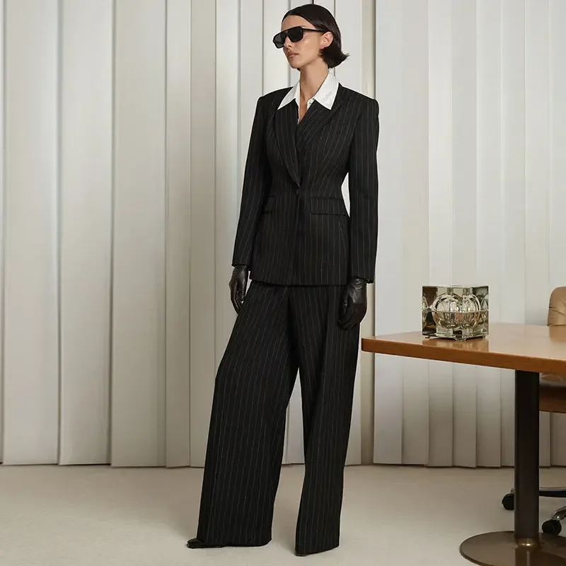 Striped Pant 2 Piece Set Women Double-breasted Full Sleeve Blazer Wide Leg Zipper Long Trousers Female 2025 Lady Commute Outfits