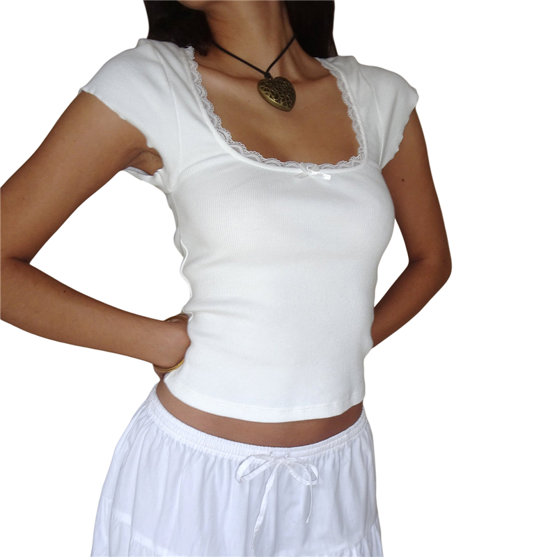 Baby Tees y2k Tank Top Women Casual Lace Trim Short Sleeve Square Neck T Shirt with Bow 2000s Clothing Streetwear