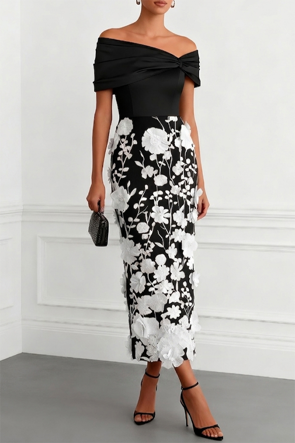 Classic 3D Floral Embroidery Off The Shoulder Short Sleeve Sheath Midi Dress