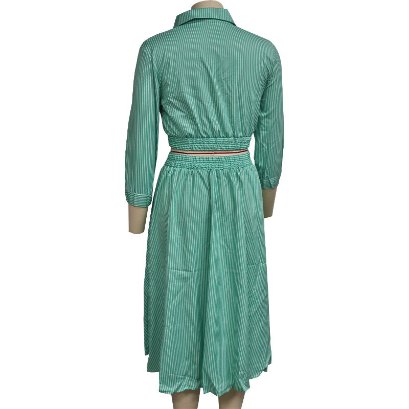 Autumn Winter New Stylish Long Sleeves Striped Shirt Outfit Skirt Two Piece Set