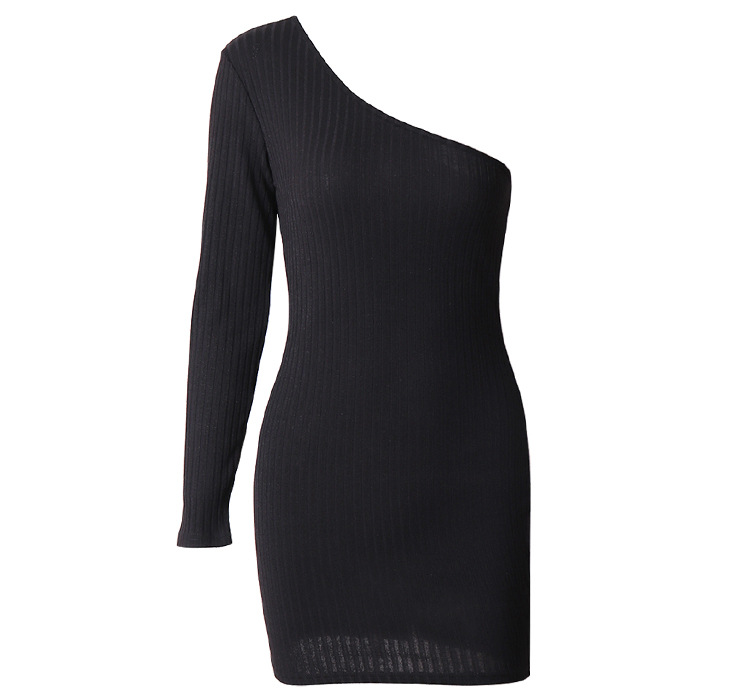 Sexy Black Sloping Shoulder Dress Oblique Shoulder Long Sleeve Hip Slim Fit Slim Backless
