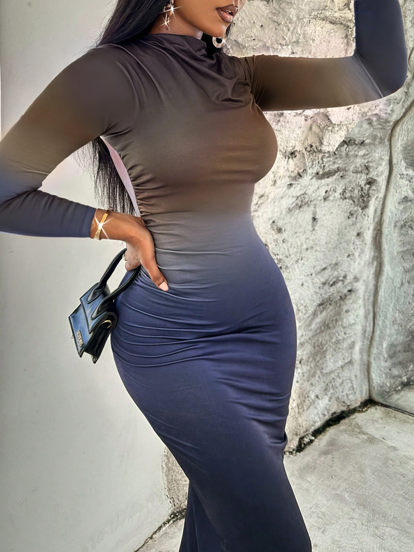 Spring Summer Sexy Slim Fit Contrast Colors Blooming Mid Length Sheath Long Sleeve Dress Women