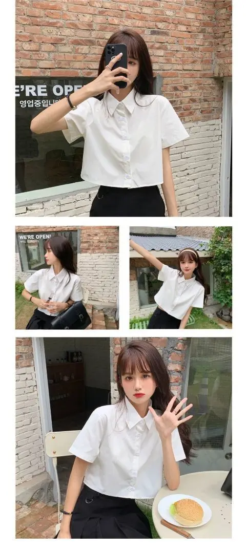 Oversize White Cropped Shirt Women Summer Short Sleeve Polo Neck Sweet Preppy Button Short Shirts Korean Female Blouses Blusa