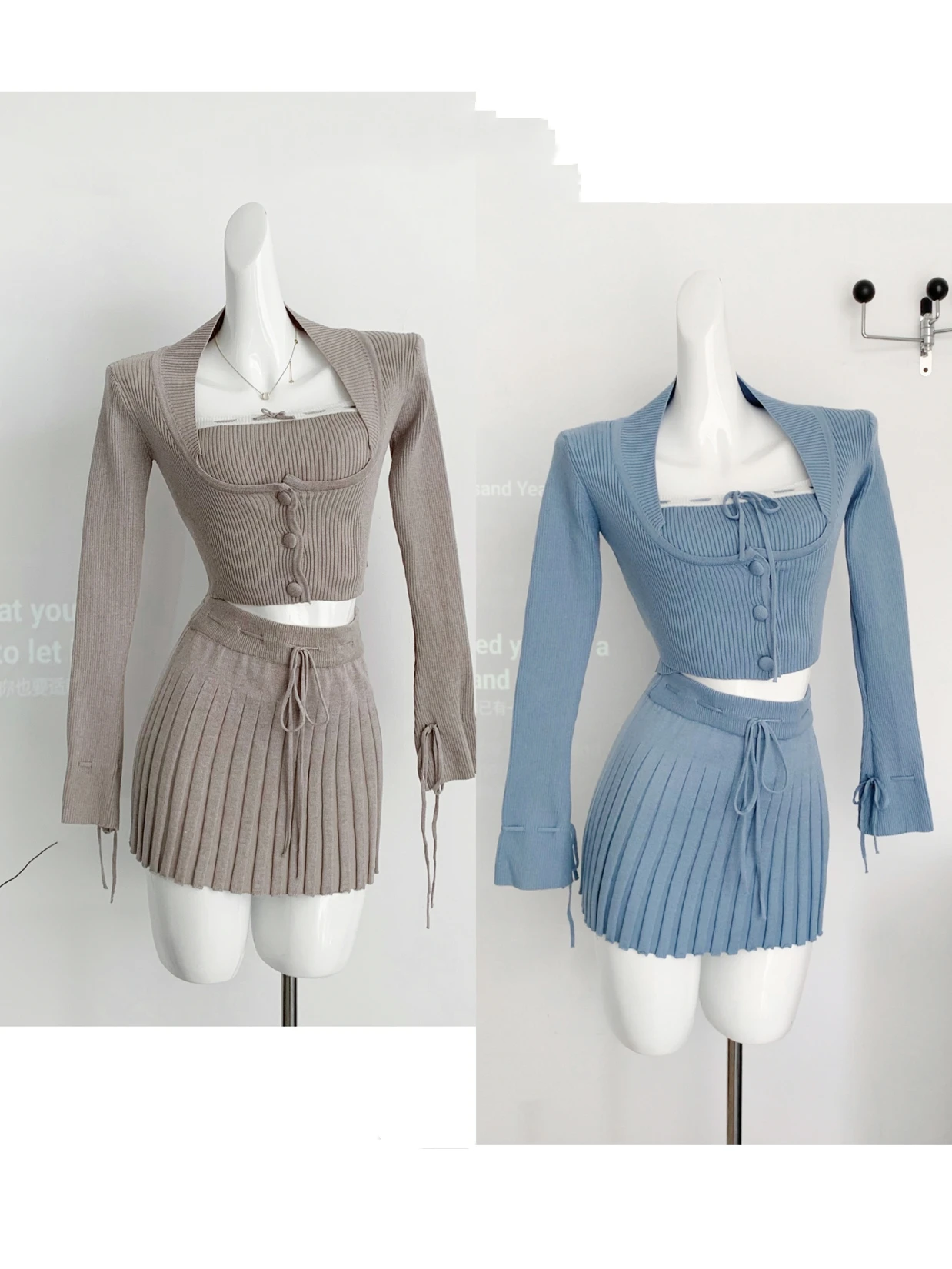 Solid Knitted Suit 3 Piece Set Woman Y2k Cropped Patchwork Vest + Slim Cardigan + Mini Pleated Skirt Autumn Korean Chic Outfits
