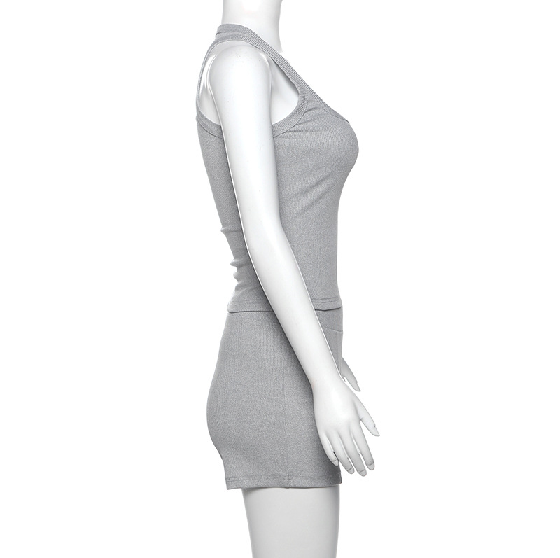 Women Clothing Autumn Casual Round Neck Solid Color Slim Fit I Shape Vest High Waist Shorts Suit