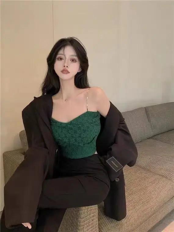 Sexy Streetwear 90s Crop Top Women Korean Fashion Tube Tops Sleeveless With Strape Tank Top Camis Chain T Shirt