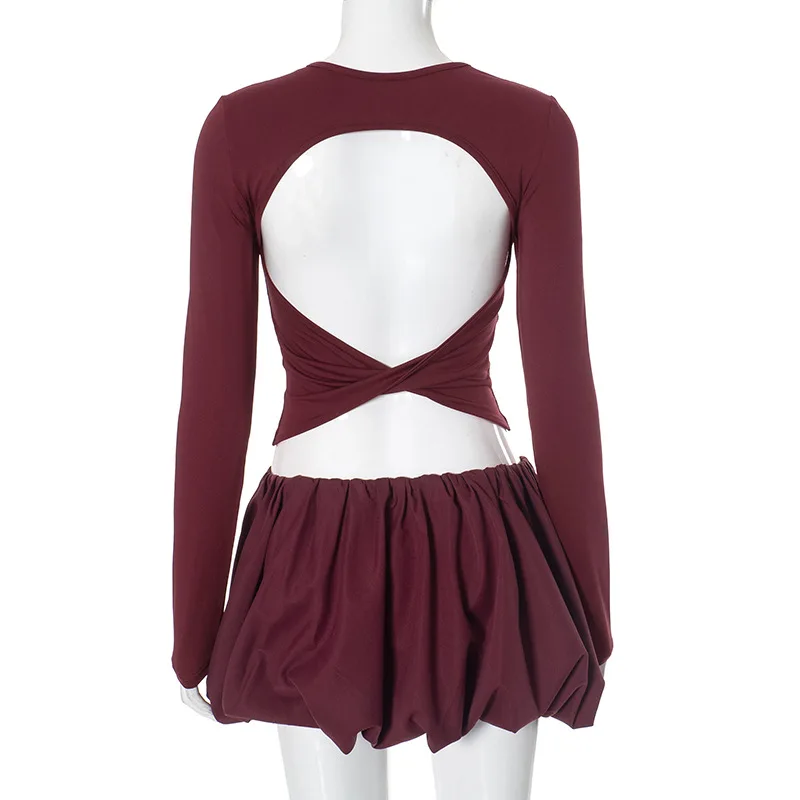 Woman Skirt Two Pieces Set Tight Backless Twist Crop Top High Waist Bud Skirt Elegant Suit Solid Lady Autumn Fashion New