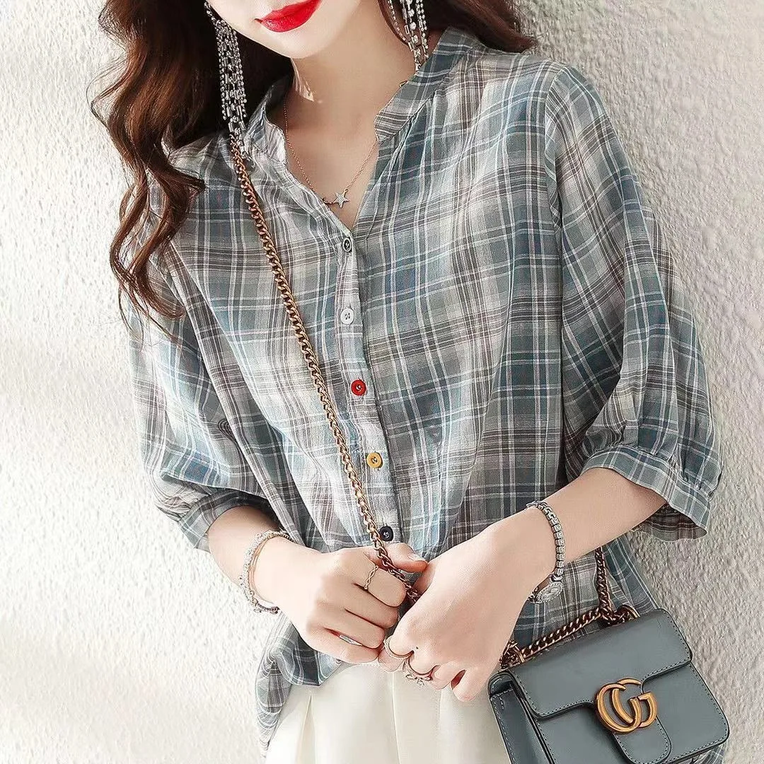 Woman Summer Style Blouses Tops Lady Casual V-Neck Short Sleeve Striped Printed Blusas Tops DF4537