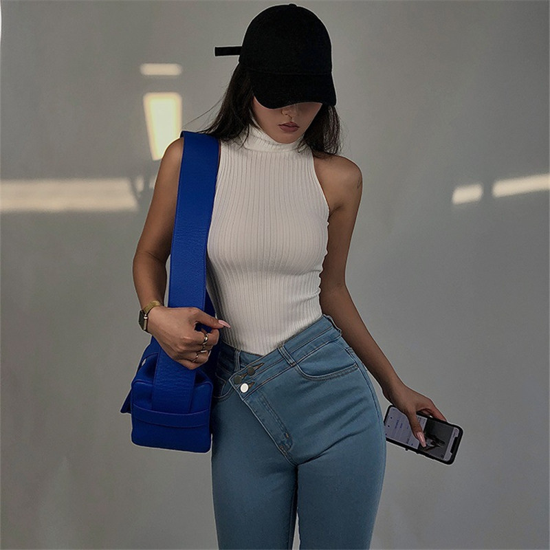 Summer High Neck Vest Women Sleeveless Solid Color Knit Ribbed Slim Fit Tank Tops y2k Clothes Lady Basic Clubwear