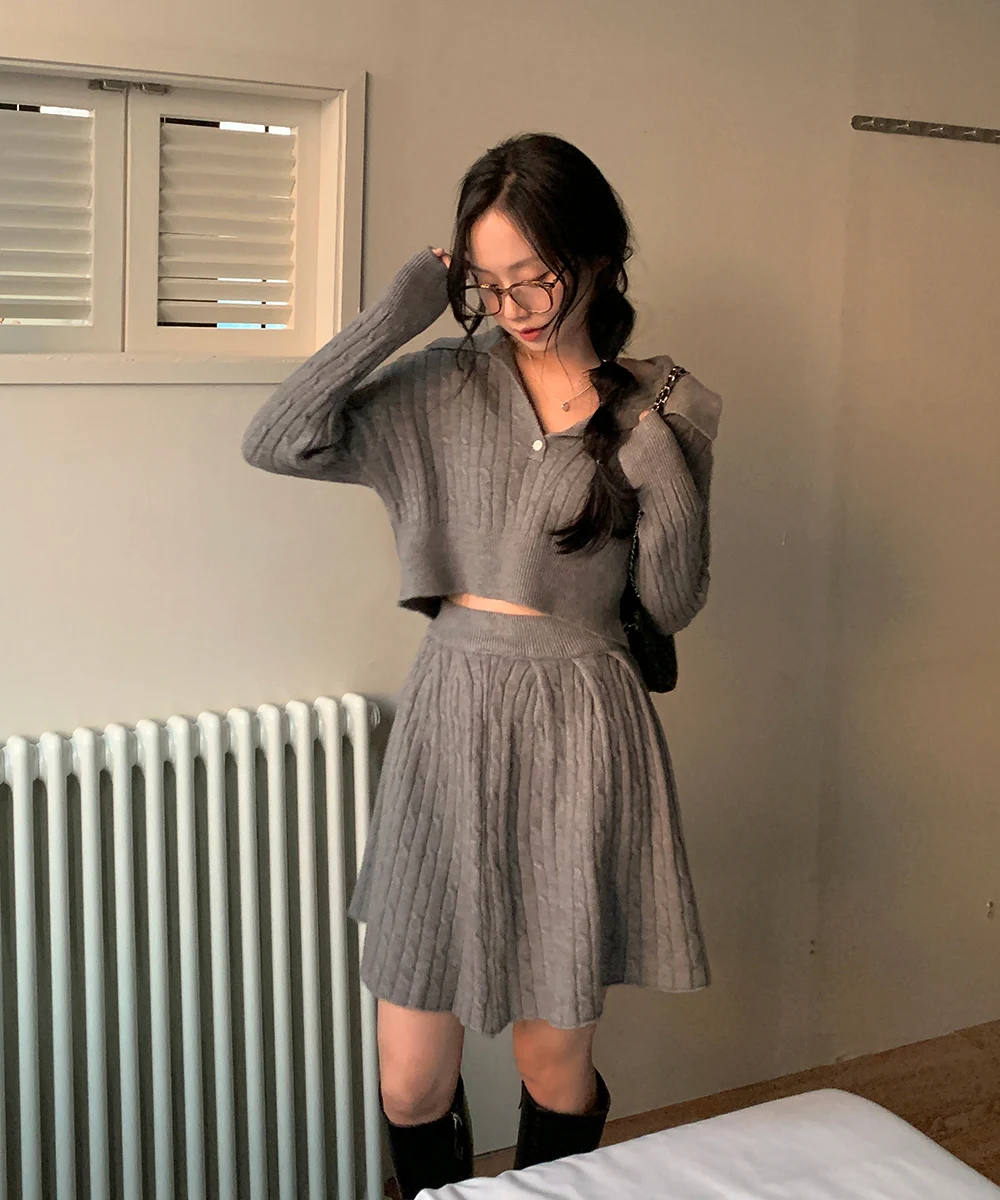 Korean Fashion Two-piece Set Women Pullover Turn-down Collar Crop Top Mini Skirt Solid Casual Suit Autumn New Knitwear Outfits