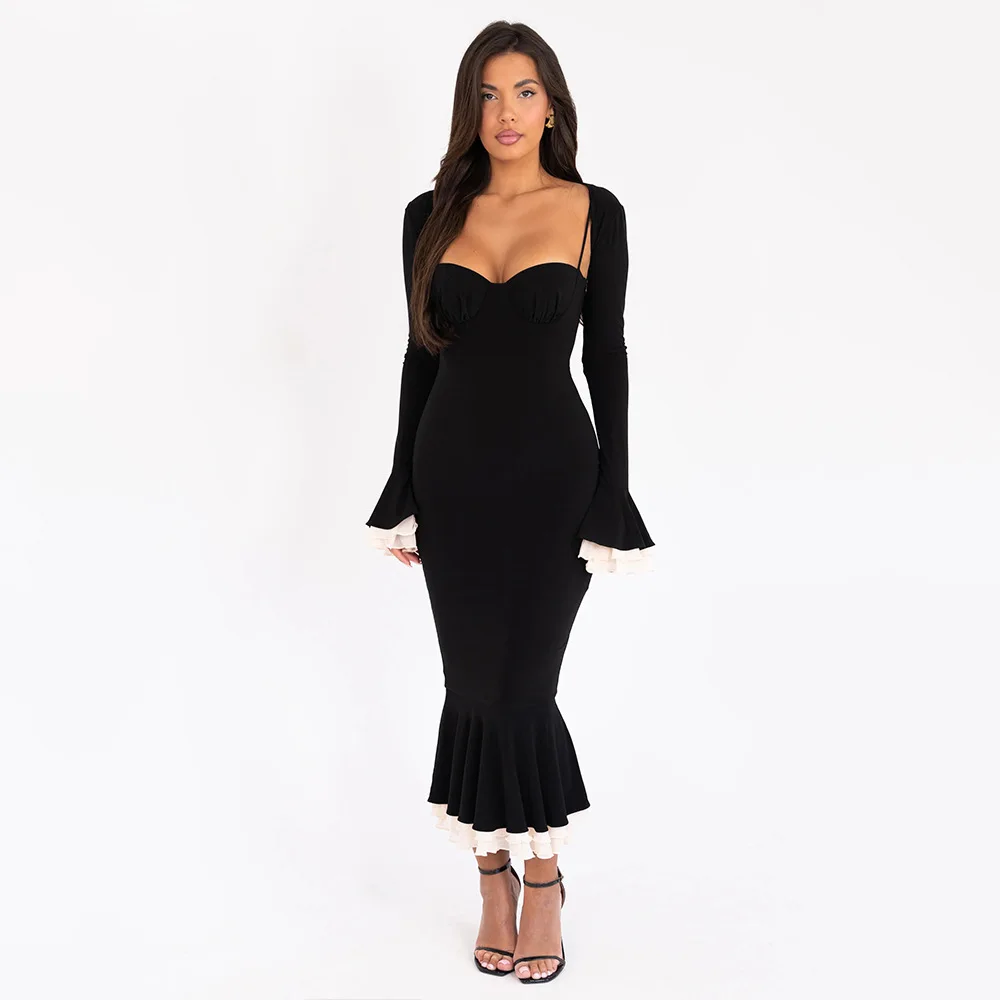 Elegant Long Flared Sleeve Elastic Tight Women Two-piece Set Autumn/Winter New 2025 Sexy Party Club Evening Dress