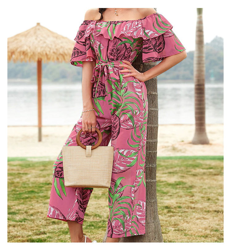 Women Clothing Fashion off-Shoulder Floral Jumpsuit Summer Short Sleeve Chiffon Vacation Beach Jumpsuit