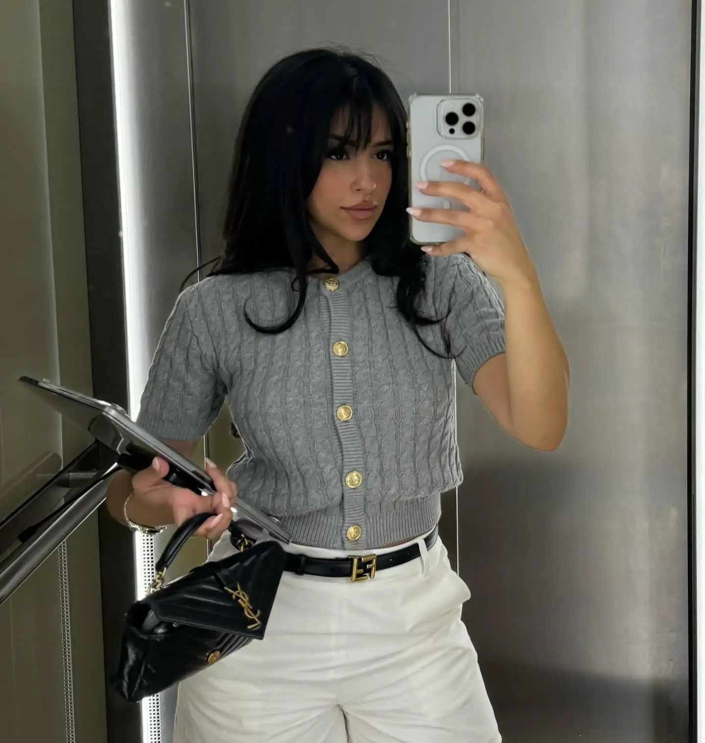 Patchwork Ribbed Knit Cardigan For Women Short Sleeve Fashion Slim Twist Solid Commute Autumn Sweater Knitwear Cropped Top