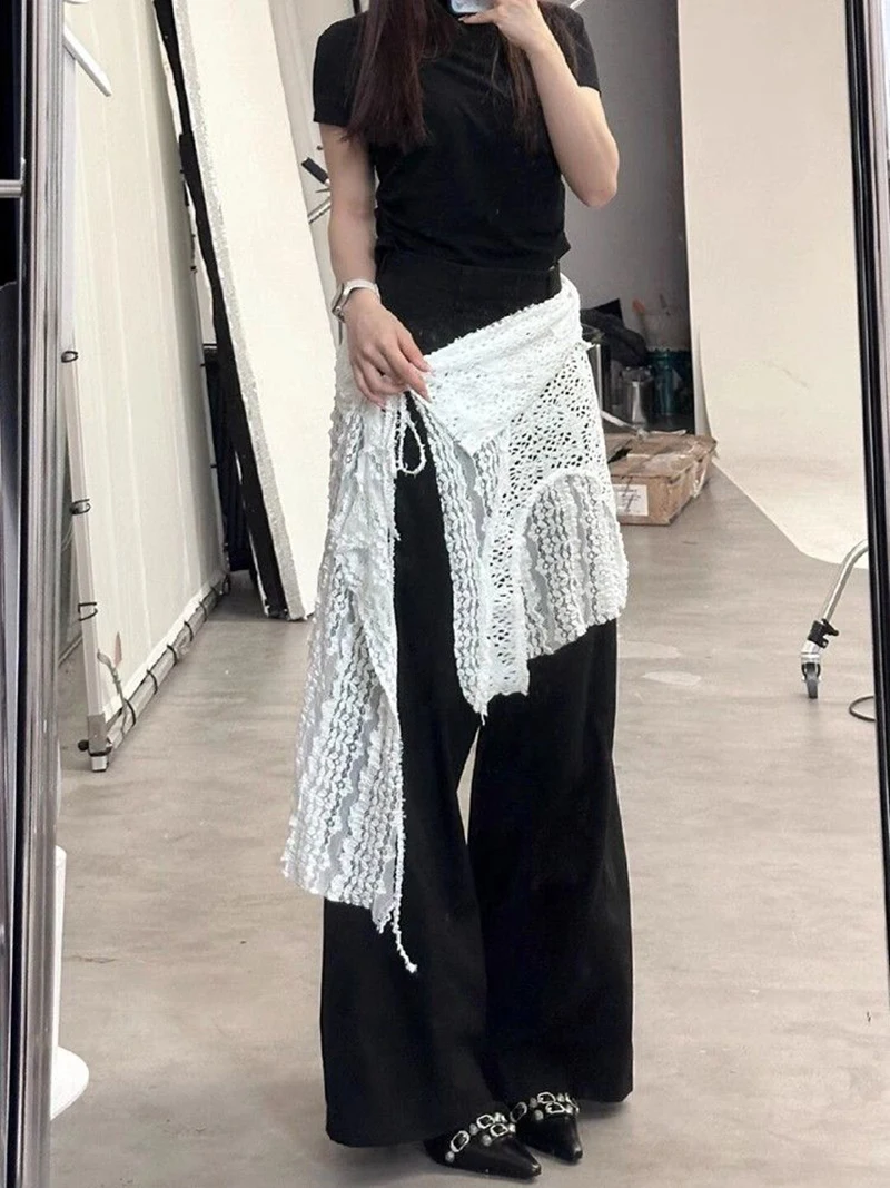Y2K Irregular Mini Skirts Women Harajuku Aesthetic White Lace Tulle Bandage Skirt Japanese Vintage Hollow Out Faldas New