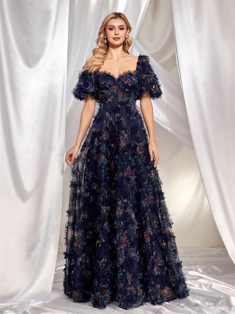 Evening Wear High Grade Floral U Neck Evening Dress Short Sleeve Slim Fit Party Cocktail Dress Women