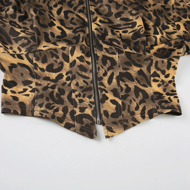 Autumn New Zip Up Hooded Women��s Sweats Long Sleeve Binding Waist Leopard Streetwear Hoodies Gyaru Baddie Y2k