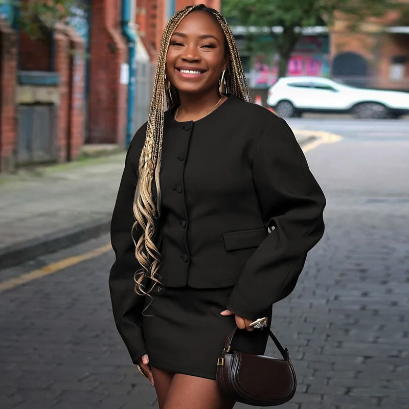 Fashion Cardigan Skirt Two Pieces Set Female Button Long Sleeve Top Slim Solid Mini Skirt Chic Matching Set Autumn Casual