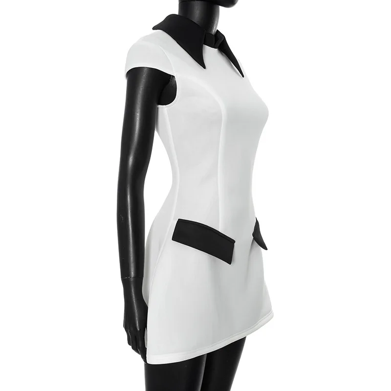 Summer Fashion Contrast Mini Dress For Women High Waist Patchwork Lapel Slim Elegant Dress Ladies Streetwear Mini Dress