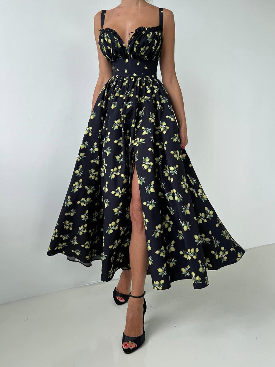 Floral Printed Camisoles High Waist Slit Maxi Dresses