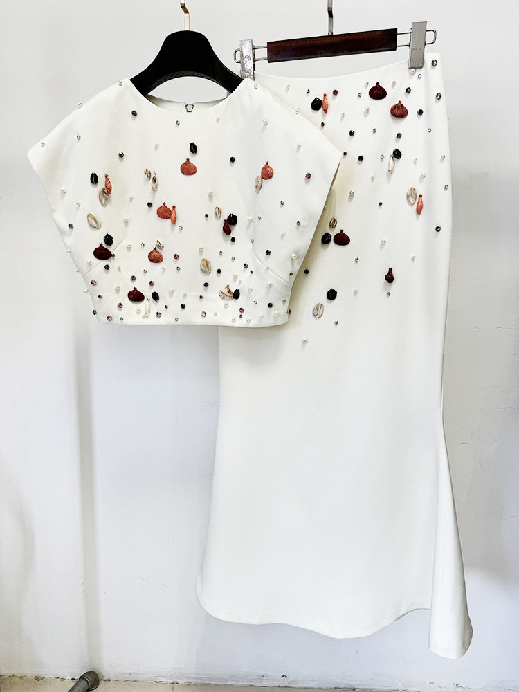 Star Heavy Industry Shell Beads Rhinestones Short Top Fishtail Mid Length Skirt Two Piece Sets