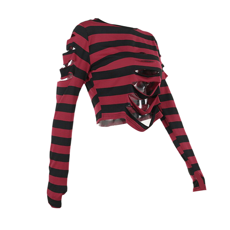 Cyber Punk y2k Top 2000s Women Striped Round Neck Long Sleeve T Shirt with Hole Gothic Clothes E Girl Tees Streetwear