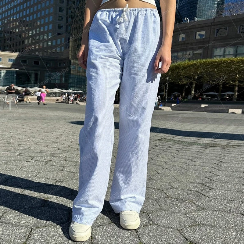 Comfy Loung Pants Streetwear Casual Tie Up Waist Wide Leg Trousers Y2K Vintage Striped Loose Pants Women Pajamas Sleepwear