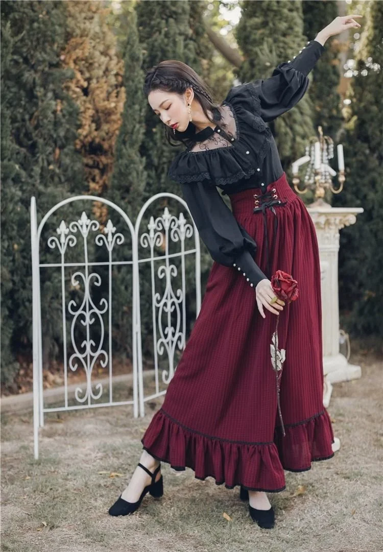 Vintage Gothic Two-Piece Skirt Sets Women Black Lace Ruffle Blouse Lace-up Midi Skirt Autumn New Court Retro Suits Y2k Outfits