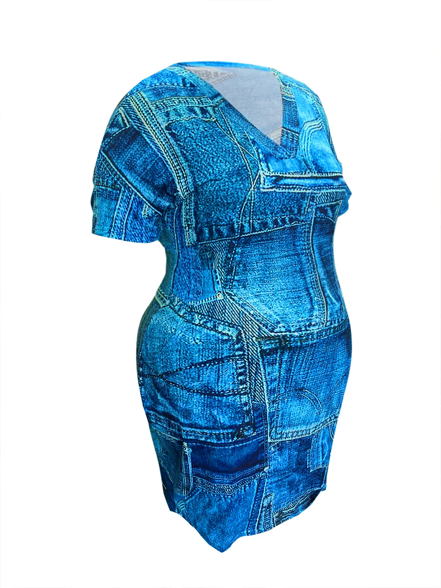 Plus Size Imitation Denim V Neck Pocket Design Dress Women's T-Shirt Summer Loose Dress Vestidos