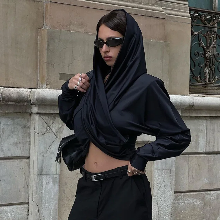 Fashion Satin Hoodie Y2k Top For Women Long Sleeve Bandage Patchwork Solid Sexy Vintage Cropped Top Ladies Crop top Tee