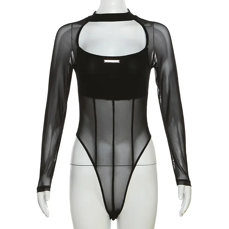 Summer Fashion Solid Colour Sheer Festival Outfit Casual Slim Hollow O-Neck Long Sleeve Lingerie Sexy One-Piece Mesh Bodysuit